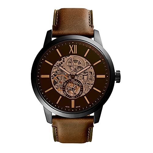Fossil Men's Townsman 44mm Automatic Watches for Men, Skeleton Watch, Stainless Steel and Leather, Color: Black, Dark Brown (Model ME3155)