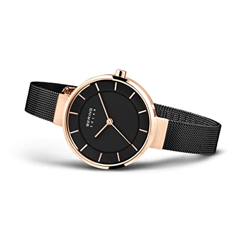 BERING Damen Solar Uhr | Armbanduhr 31 mm Edelstahlgehäuse und Zifferblatt | Milanaisearmband | Saphierglas | 5 ATM | 14631, Black, 31, 14631-166