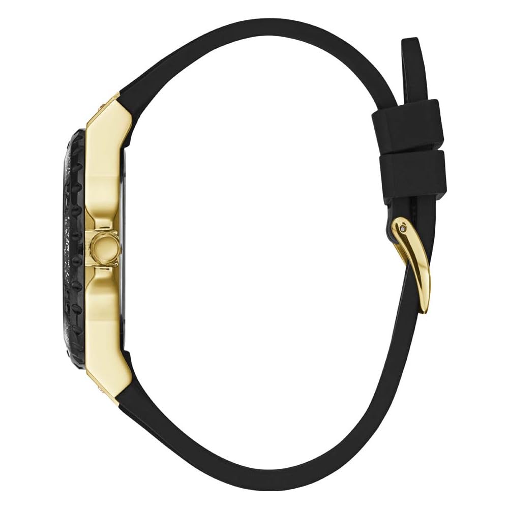 GUESS Gold-Tone Stainless Steel + Black Stain Resistant Watch with Day + Date Functions. Color: Black (Model: U1053L7)