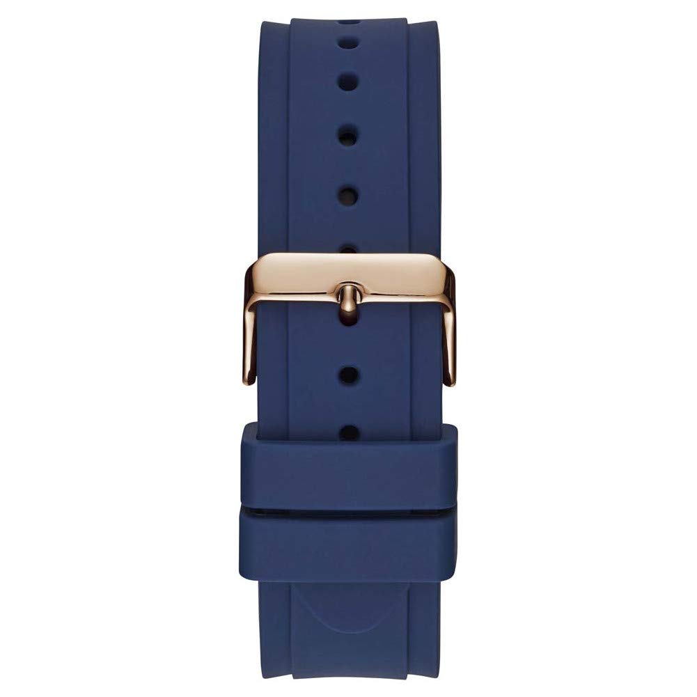 GUESS Comfortable Iconic Blue Stain Resistant Watch with Rose Gold-Tone Day, Date + 24 Hour Military/Int'l Time. Color: Blue (Model: U1049G2)
