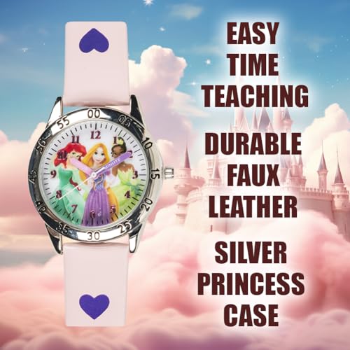 Disney Princess Time Teacher Kids Watch - Easy Read Analog Watch with Minute Track, Princess Characters on Silver Sunray Dial, Colorful Printed Strap, Perfect for Learning to Tell Time, Ages 3+