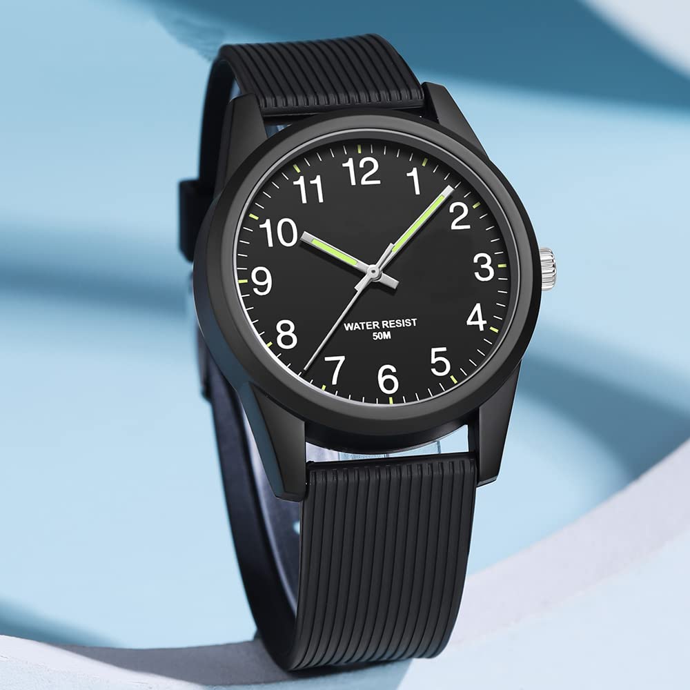 TENOCK Kids Analog Watch for Boys Girls Time Teaching 50M Waterproof Kids Watches Easy to Read for 4-12 Years-Black