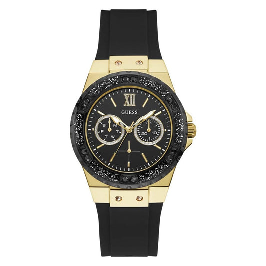 GUESS Gold-Tone Stainless Steel + Black Stain Resistant Watch with Day + Date Functions. Color: Black (Model: U1053L7)