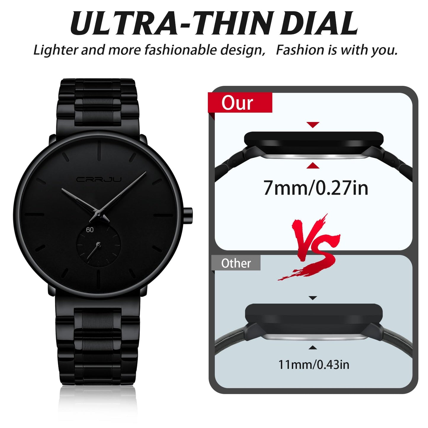 Mens Watches Ultra-Thin Minimalist Waterproof-Fashion Wrist Watch for Men Unisex Dress with Stainless Steel Band-Black Hands