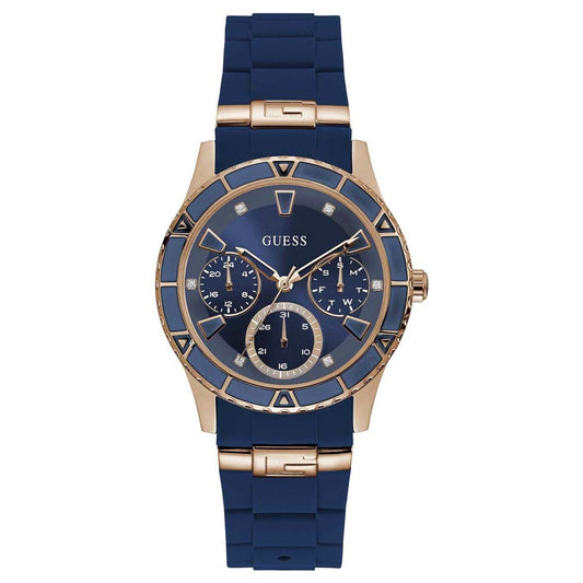GUESS Rose Gold-Tone + Iconic Blue Stain Resistant Silicone Watch with Day, Date + 24 Hour Military/Int'l Time. Color: Blue (Model: U1157L3)