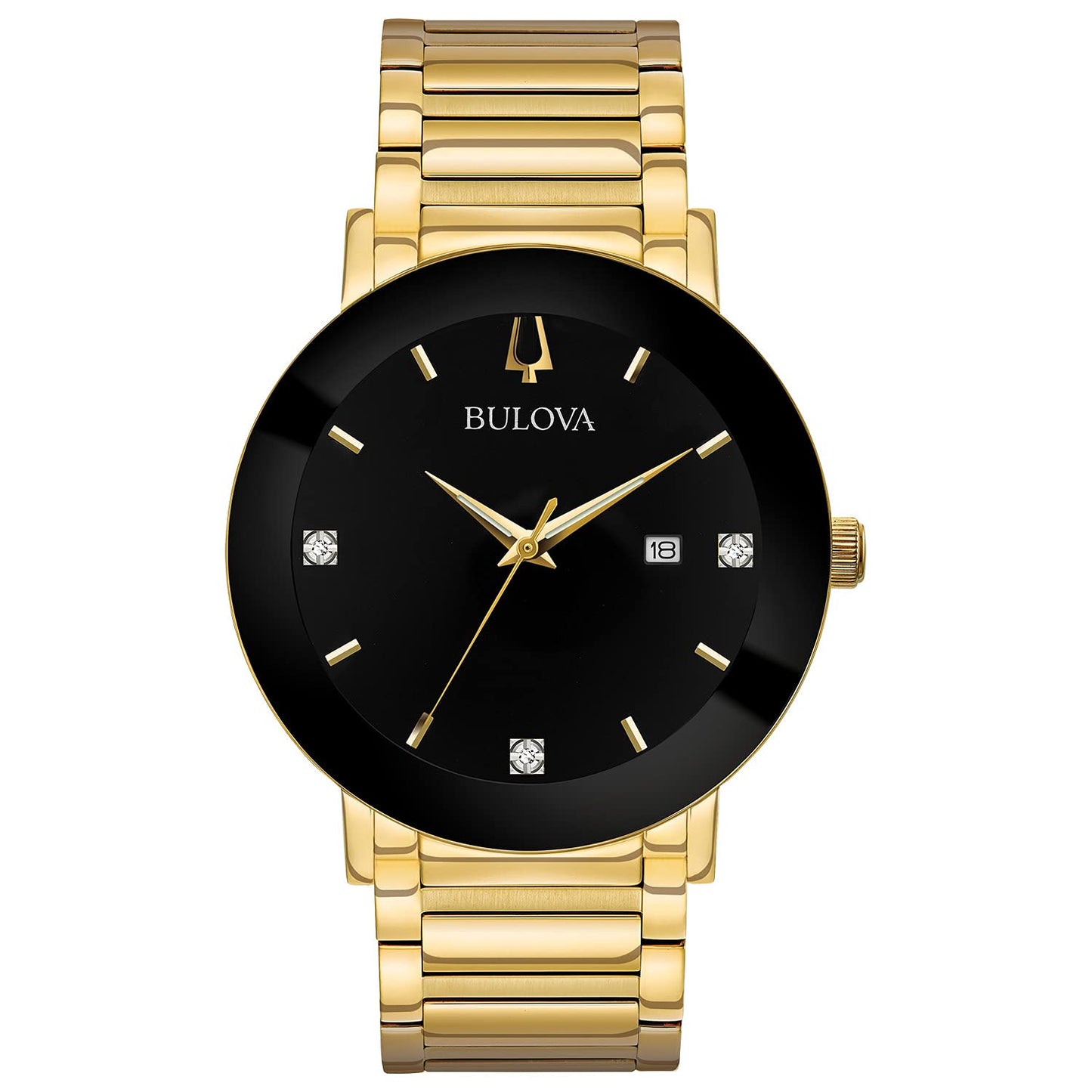 Bulova Men's Modern Gold Tone Stainless Steel 3-Hand Calendar Date Quartz Watch, Black Dial with Diamonds Style: 97D116