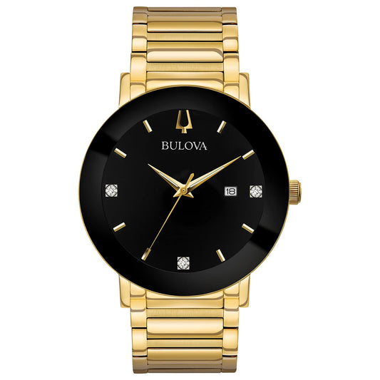 Bulova Men's Modern Gold Tone Stainless Steel 3-Hand Calendar Date Quartz Watch, Black Dial with Diamonds Style: 97D116