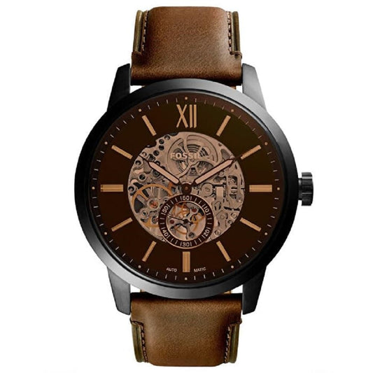 Fossil Men's Townsman 44mm Automatic Watches for Men, Skeleton Watch, Stainless Steel and Leather, Color: Black, Dark Brown (Model ME3155)