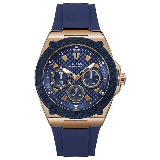 GUESS Comfortable Iconic Blue Stain Resistant Watch with Rose Gold-Tone Day, Date + 24 Hour Military/Int'l Time. Color: Blue (Model: U1049G2)