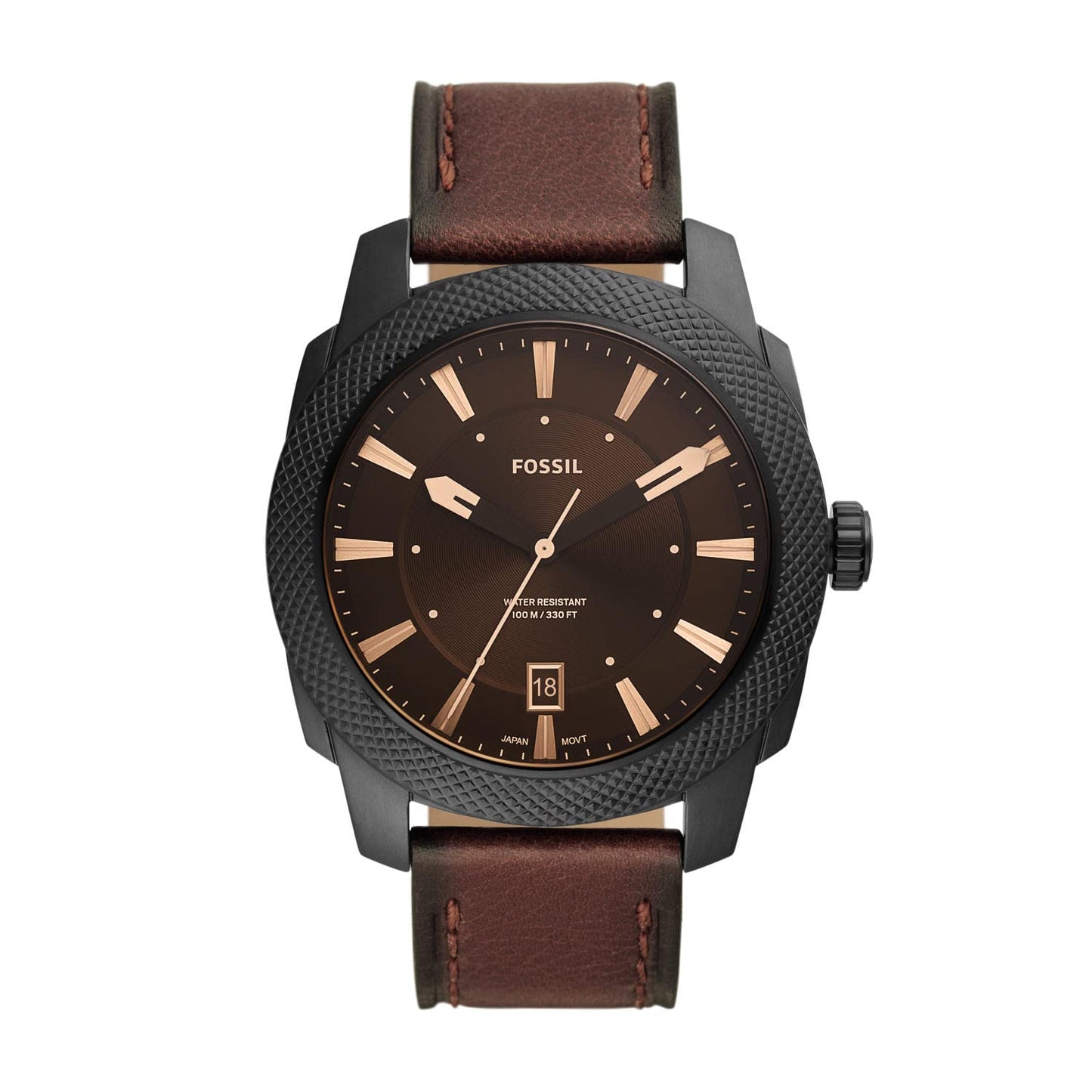 Fossil Men's Machine Quartz Stainless Steel and Leather Three-Hand Watch, Color: 49mm Black/Brown (Model: FS5972)