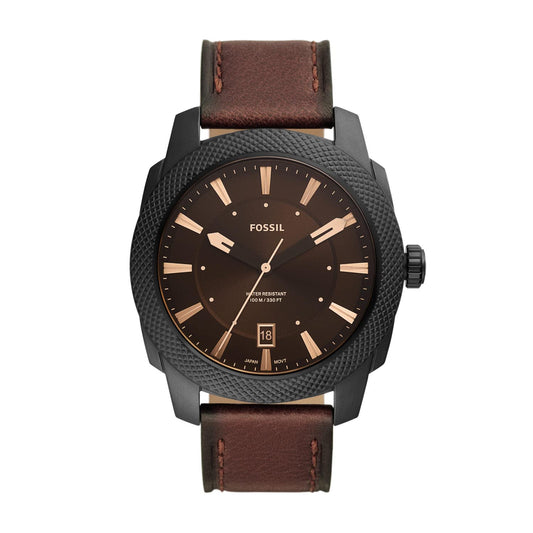 Fossil Men's Machine Quartz Stainless Steel and Leather Three-Hand Watch, Color: 49mm Black/Brown (Model: FS5972)