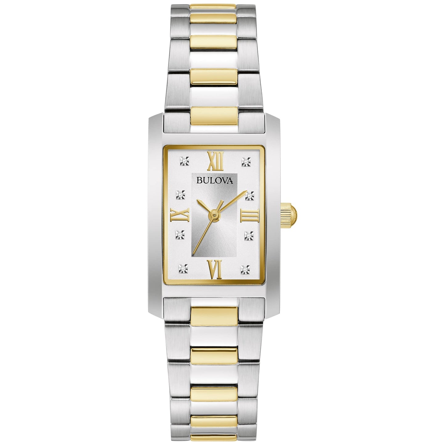 Bulova Ladies' Classic Diamond Two-Tone Stainless Steel 3-Hand Quartz Watch, Rectangle Silver Dial Style: 98P205