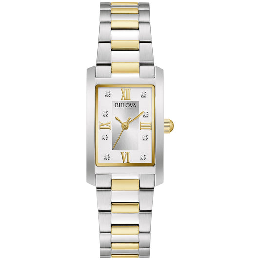 Bulova Ladies' Classic Diamond Two-Tone Stainless Steel 3-Hand Quartz Watch, Rectangle Silver Dial Style: 98P205