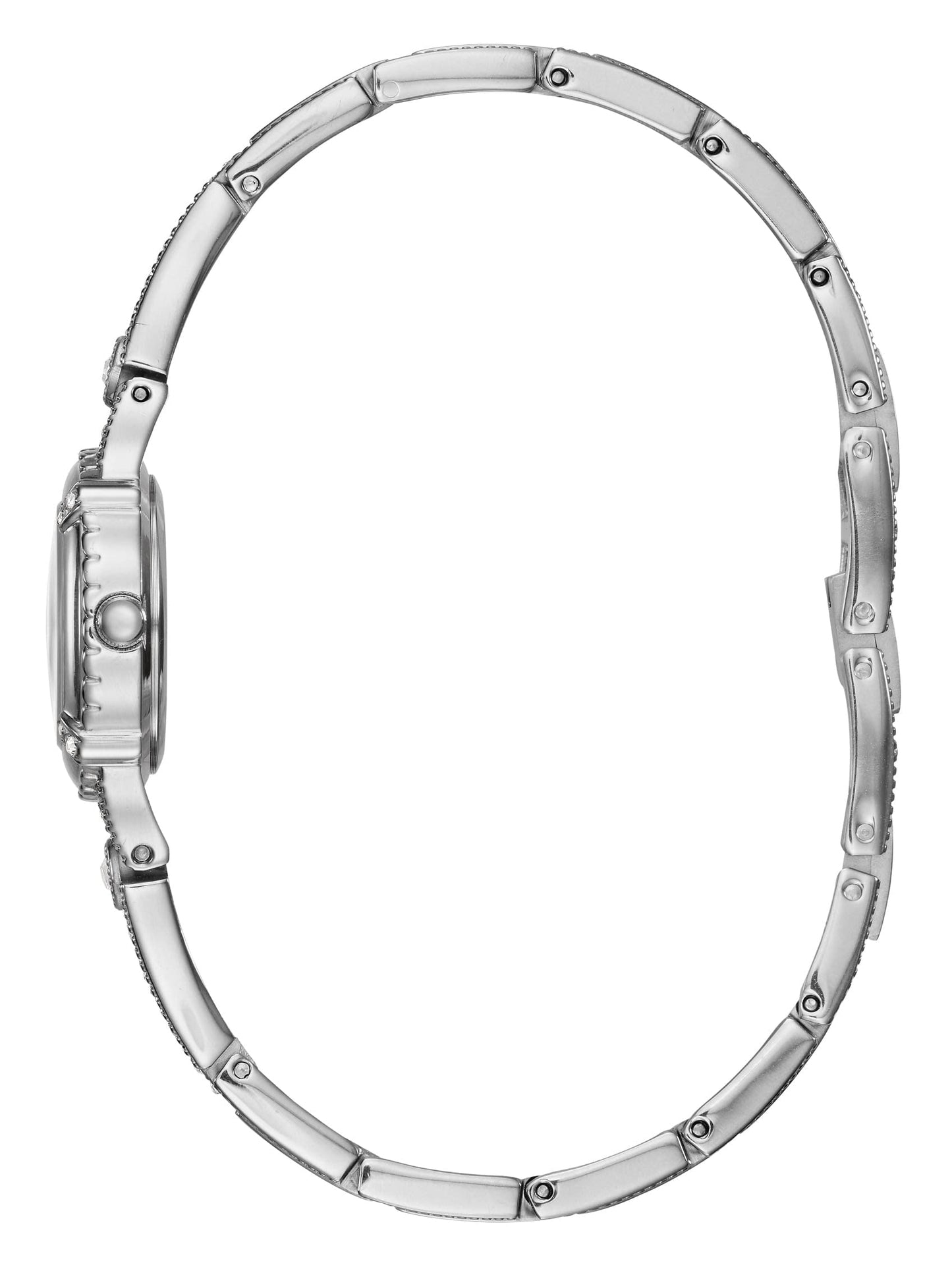 GUESS Petite Silver-Tone Crystal Bracelet Watch with Self-Adjustable Links. Color: Silver-Tone (Model: U0135L1)