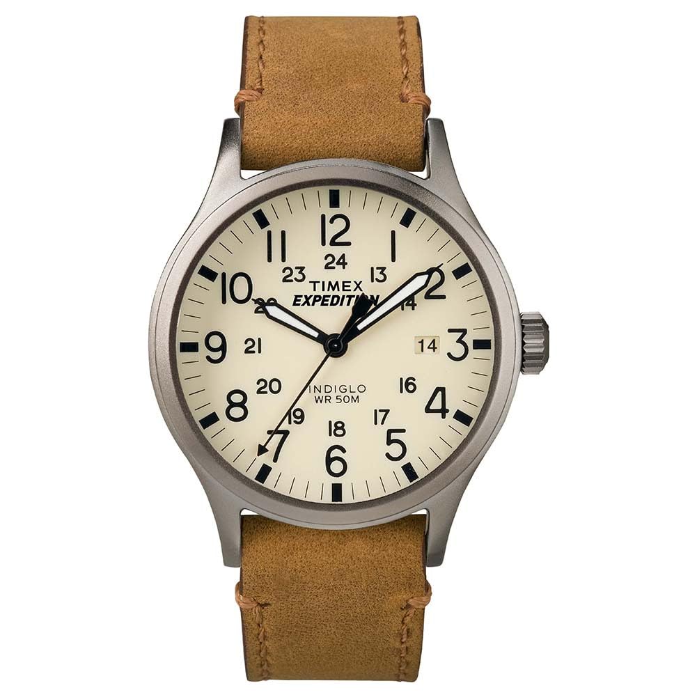 Timex Men's Expedition Scout 40mm Watch – Gray Case Cream Dial with Tan Leather Strap