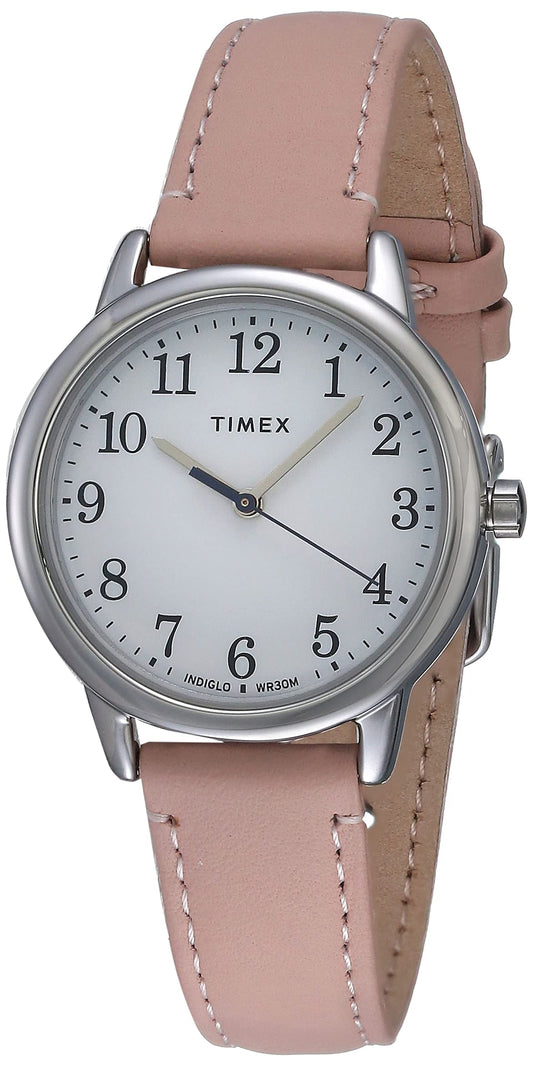 Timex Women's Easy Reader 30mm Watch – Silver-Tone Case White Dial with Blush Leather Strap