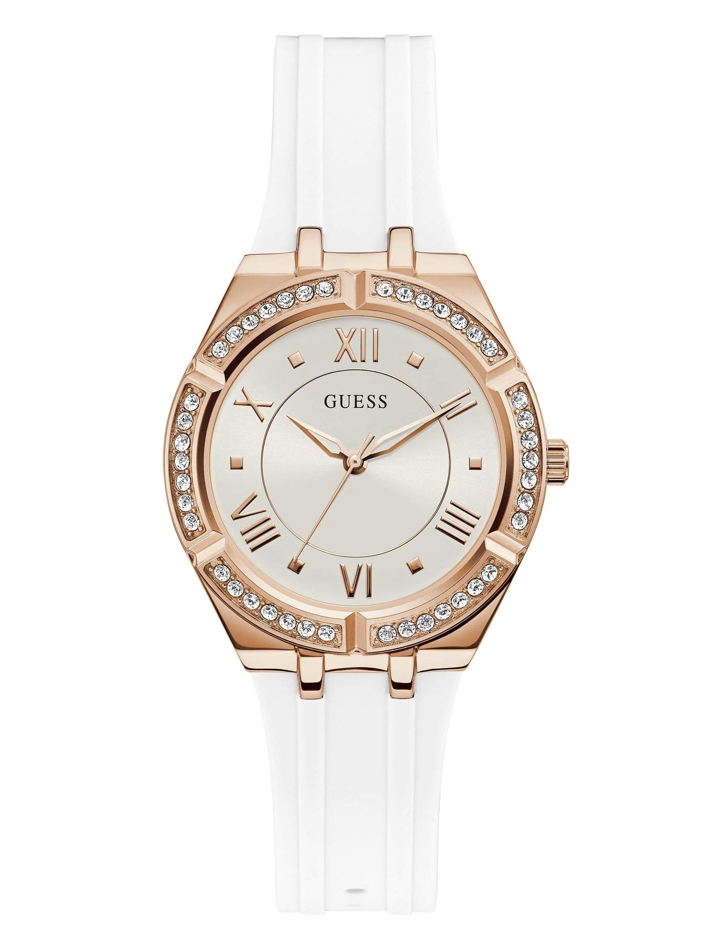 GUESS Rose Gold-Tone + Crystal White Silicone Watch, Rose Gold-Tone/White