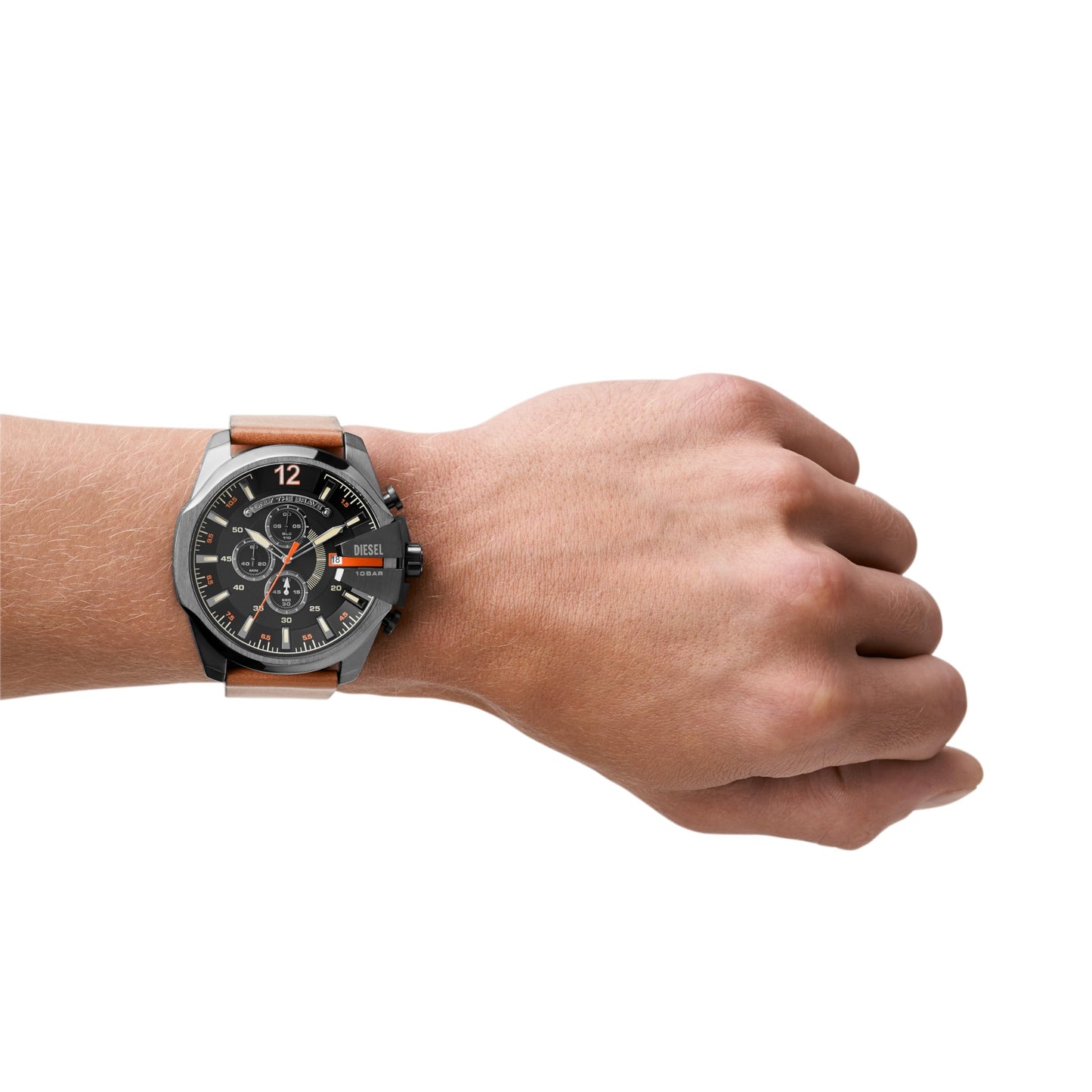 Diesel Mega Chief Stainless Steel and Leather Chronograph Men's Watch, Color: Gunmetal, Brown (Model: DZ4343)