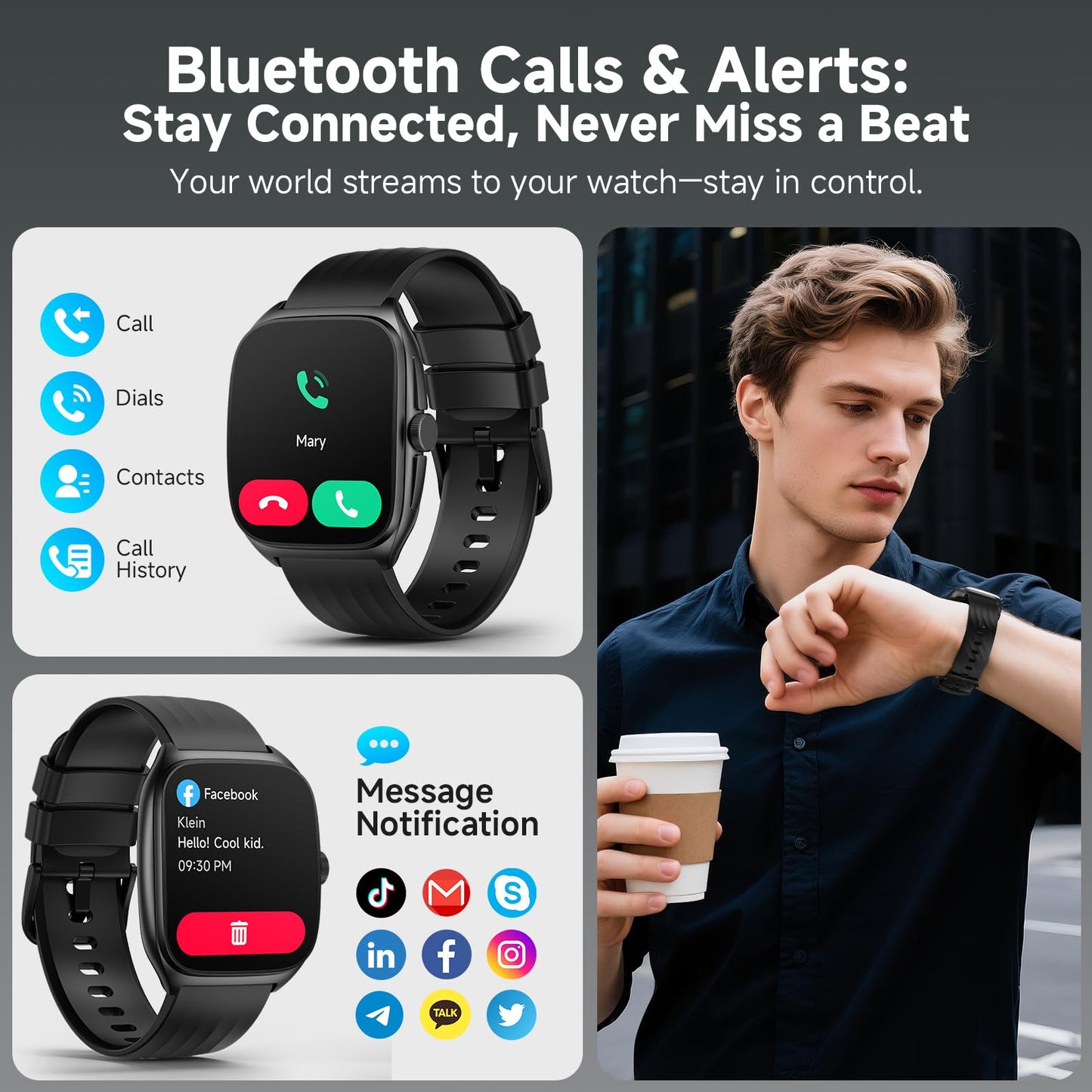 SOUYIE Smart Watch with SOS, 1.85" AMOLED Display Fitness Tracker, Heart Rate Blood Oxygen Sleep Monitor for Men Women, IP68 Waterproof Sport Watch, Answer/Make Calls, Compatible with Android iPhone