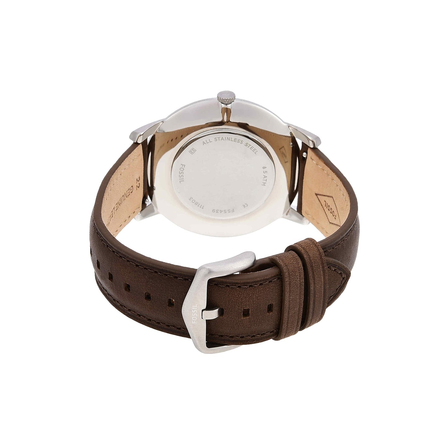 Fossil Men's Minimalist Quartz Stainless Steel and Leather Three-Hand Watch, Color: Silver, Brown (Model: FS5439)