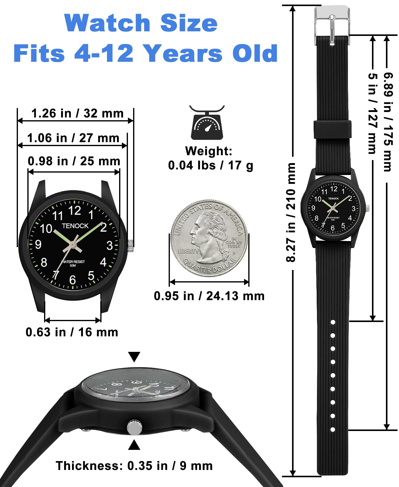 TENOCK Kids Analog Watch for Boys Girls Time Teaching 50M Waterproof Kids Watches Easy to Read for 4-12 Years-Black