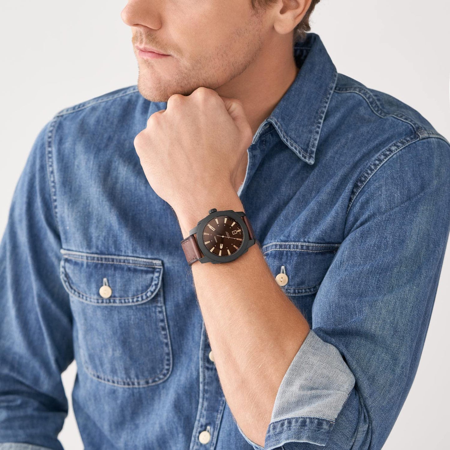 Fossil Men's Machine Quartz Stainless Steel and Leather Three-Hand Watch, Color: 49mm Black/Brown (Model: FS5972)