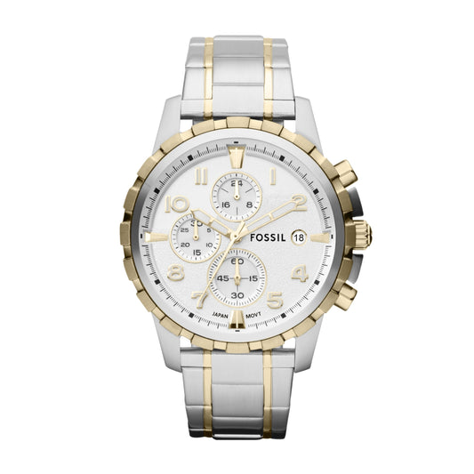 Fossil Watches For Men, Dean Quartz Stainless Steel Chronograph Watch, 44MM, Big Face Gold/Silver, Model FS4795IE