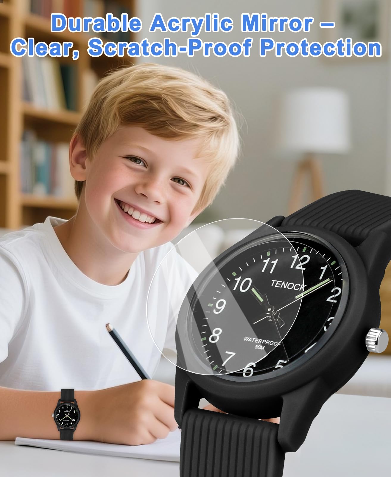 TENOCK Kids Analog Watch for Boys Girls Time Teaching 50M Waterproof Kids Watches Easy to Read for 4-12 Years-Black