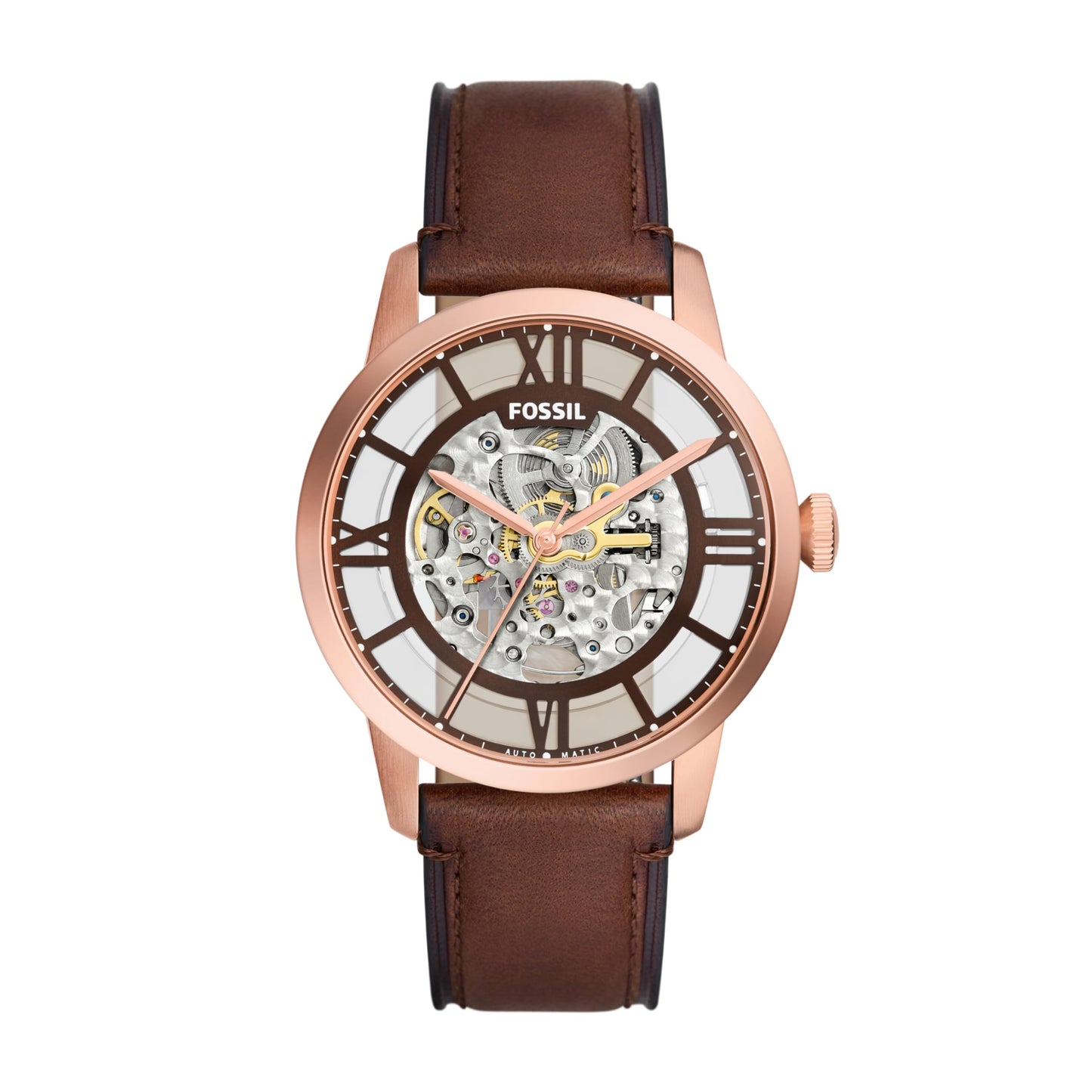 Fossil Men's Townsman 44mm Automatic Skeleton Watch, Rose Gold Stainless Steel Case with Brown Leather Strap, Color: Rose Gold/Chocolate (Model ME3259)
