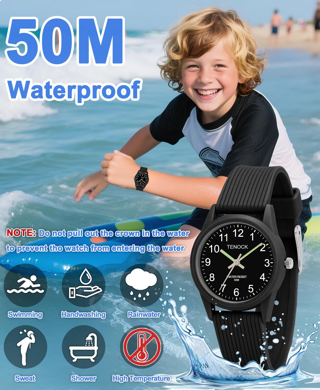 TENOCK Kids Analog Watch for Boys Girls Time Teaching 50M Waterproof Kids Watches Easy to Read for 4-12 Years-Black