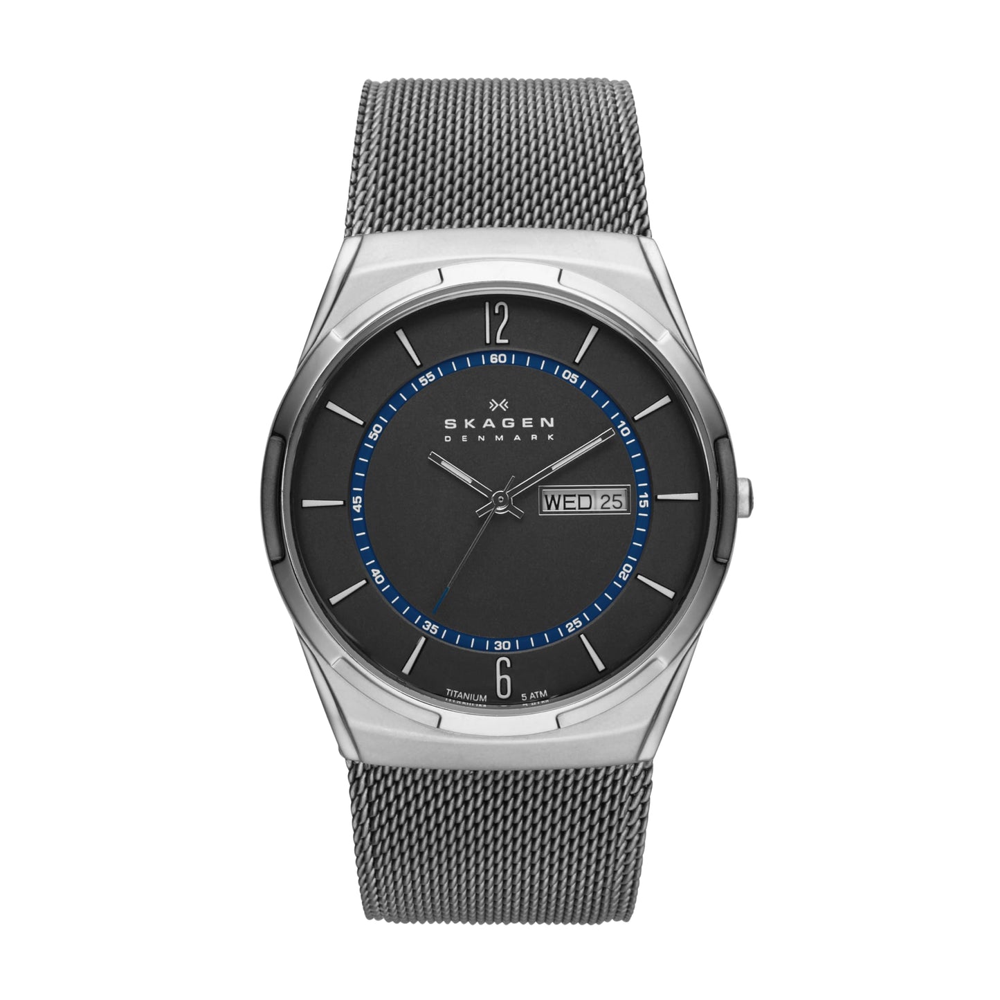 Skagen Men's Melbye Three-Hand Day Date Silver and Gray Titanium Mesh Band Watch (Model: SKW6078)