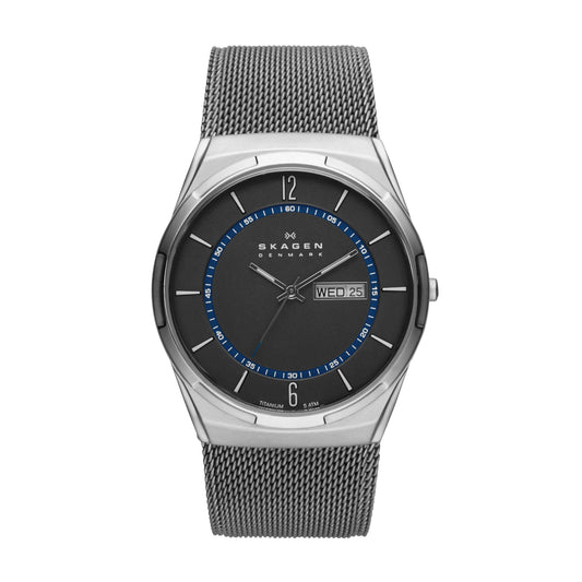 Skagen Men's Melbye Three-Hand Day Date Silver and Gray Titanium Mesh Band Watch (Model: SKW6078)