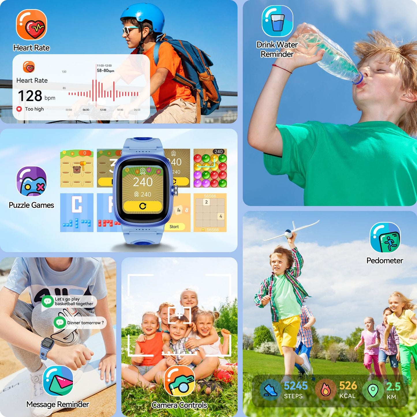 Smart Watch for Boys Girls with Sleep | Health | Activity Tracker, Games, Alarm, IP68 Waterproof Kids Fitness Watch with Pedometer, Family Account, Toys Gifts for Kids Aged 4-16 (Light/Dark Blue)