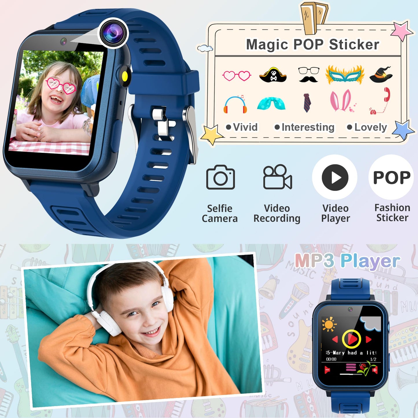 Smart Watch for Kids Age 3-12, Kids Smart Watch Boys with 24 Games HD Touch Screen Pedometer Camera Music Player Alarm Clock Flashlight 12/24 hr Toys for 6 7 8 9 10 Year Old Boy Birthday Gift