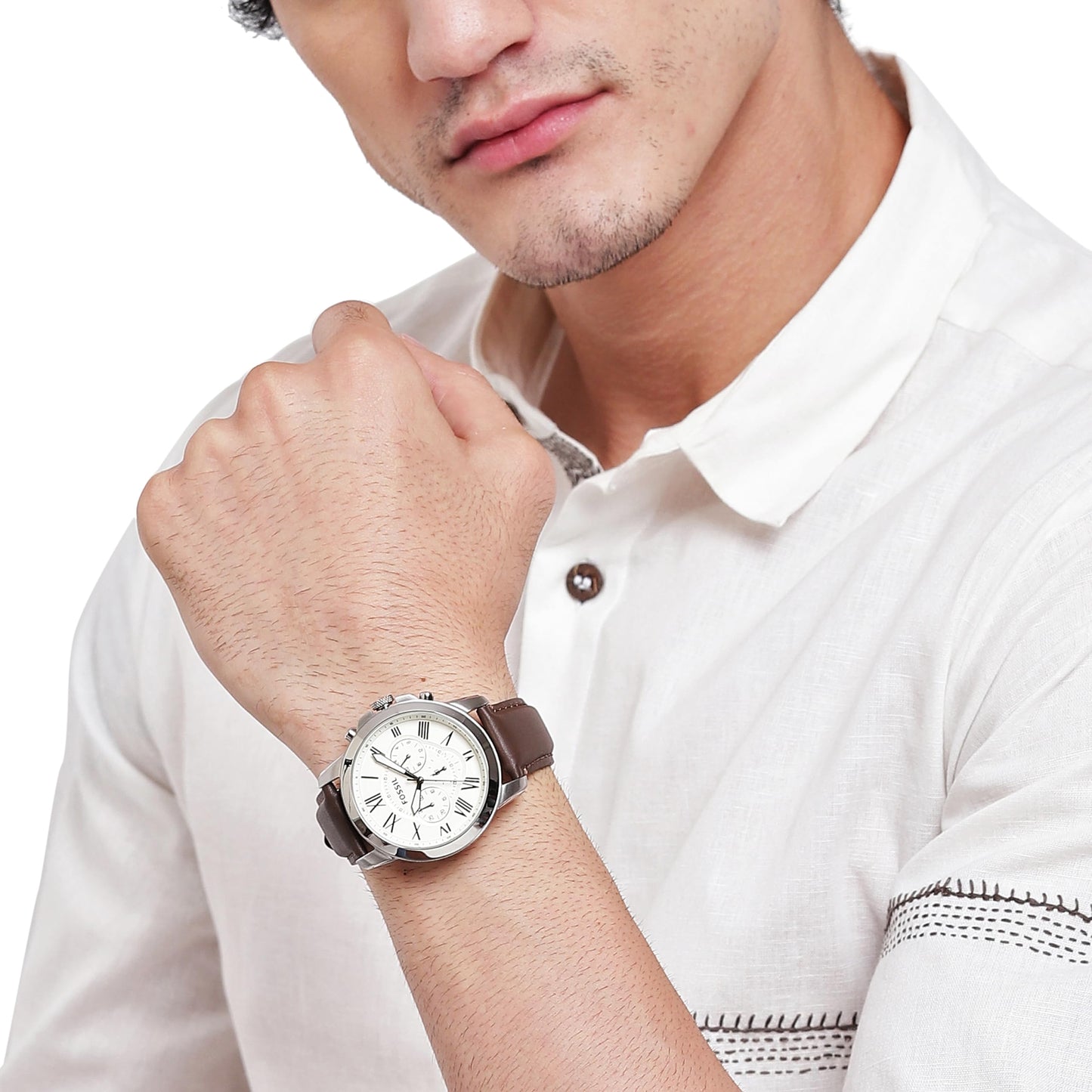 Fossil Men's Grant 44mm Quartz Stainless Steel and Leather Chronograph Watch for Men, Color: Silver, Brown (Model: FS4735)