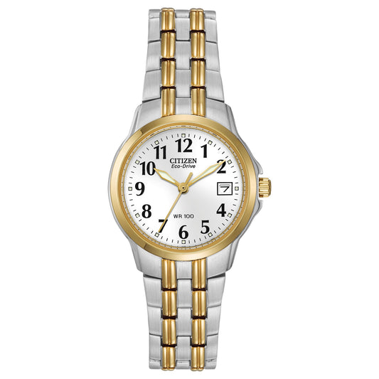 Citizen Women's Eco-Drive Dress Classic Two Tone Gold Stainless Steel Watch, Easy to Read, White Dial, 26mm (Model: EW1544-53A)