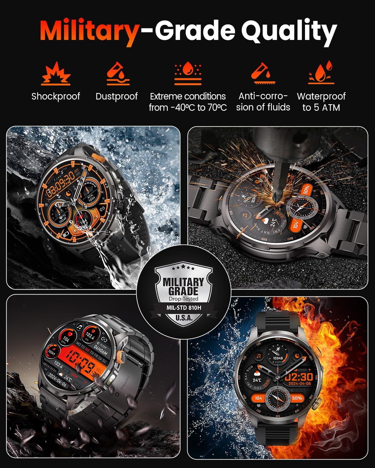 Smart Watches for Men, Military Smart Watch with 100 Days Battery/Flashlight/Heart Rate/Sleep/SpO2 Monitor/Call/110+ Sports Mode, 5 ATM Rugged Men's Fitness Tracker Watch for Android iPhone Compatible