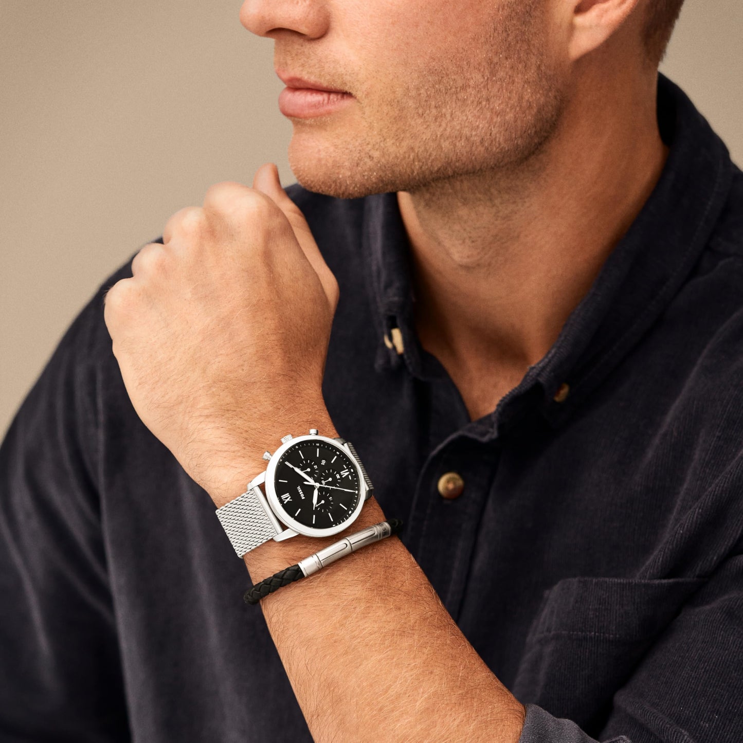 Fossil Men's Neutra Gift Set Quartz Stainless Steel Chronograph Watch with Silver Mesh Bracelet and Black Leather Bracelet, Analog Watches for Men, Color: Silver (Model: FS6020SET)