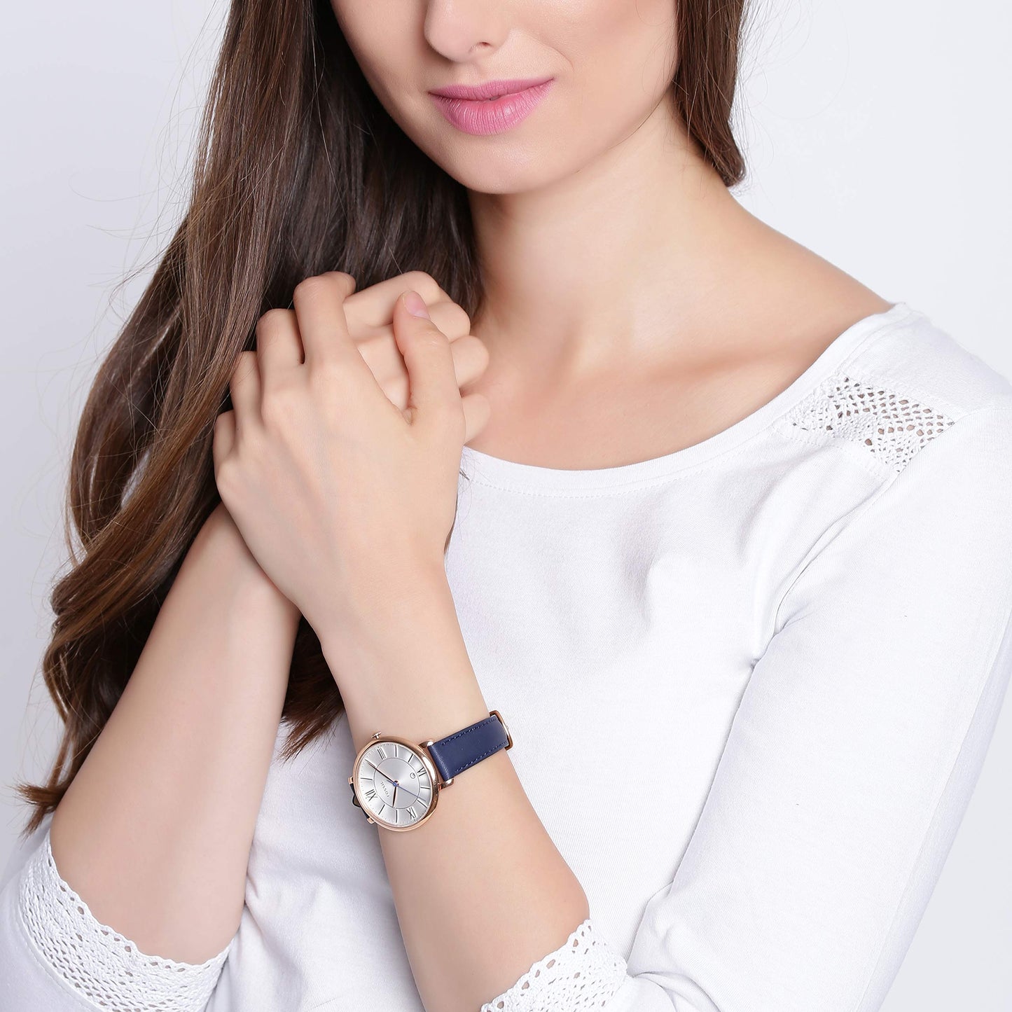 Fossil Women's Jacqueline Quartz Leather Watch, Blue Leather/Rose Gold, ES5166