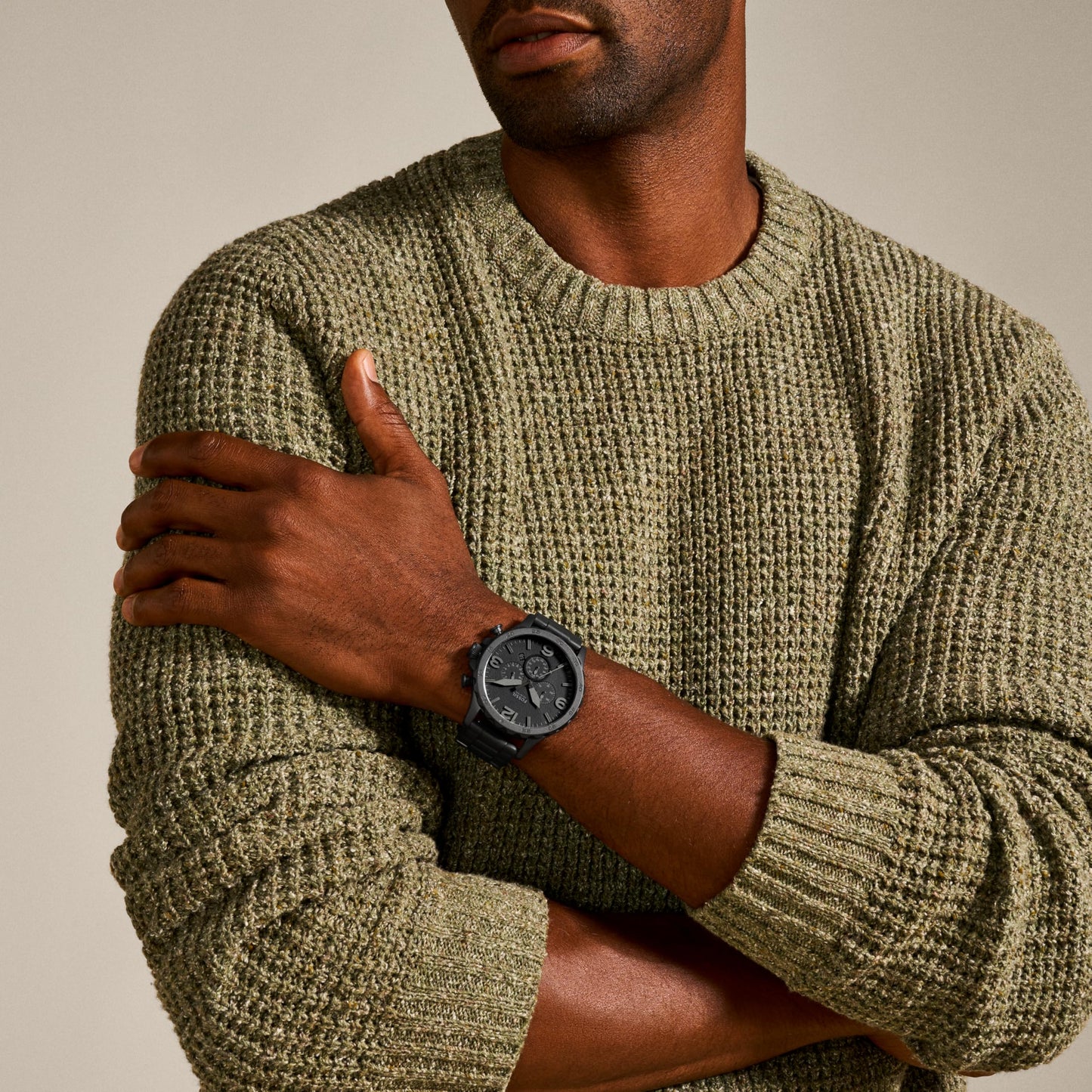 Fossil Men's Nate Quartz Stainless Steel and Leather Chronograph Watch, Black & Dark Brown Leather Watch (Model: JR1487)