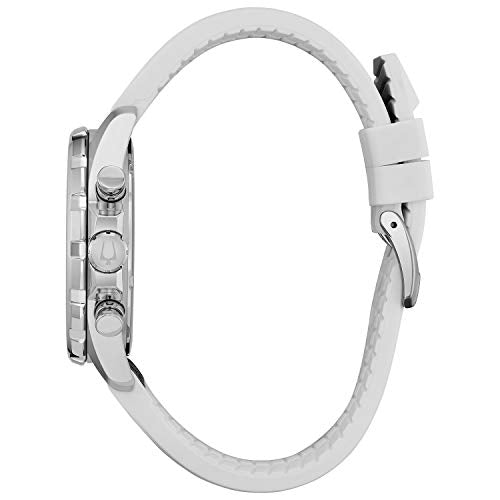 Bulova Men's Marine Star Series B Stainless Steel 6-Hand Chronograph Quartz Watch with Blue Leather and White Silicone Lining Strap, Blue Dial, 43mm Style: 96B287