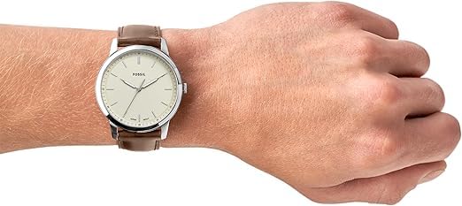 Fossil Men's Minimalist Quartz Stainless Steel and Leather Three-Hand Watch, Color: Silver, Brown (Model: FS5439)