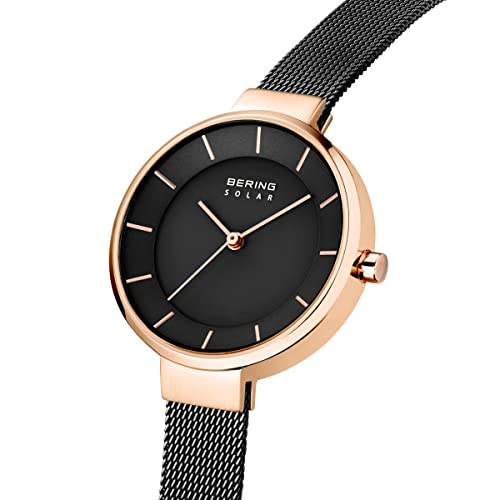 BERING Damen Solar Uhr | Armbanduhr 31 mm Edelstahlgehäuse und Zifferblatt | Milanaisearmband | Saphierglas | 5 ATM | 14631, Black, 31, 14631-166