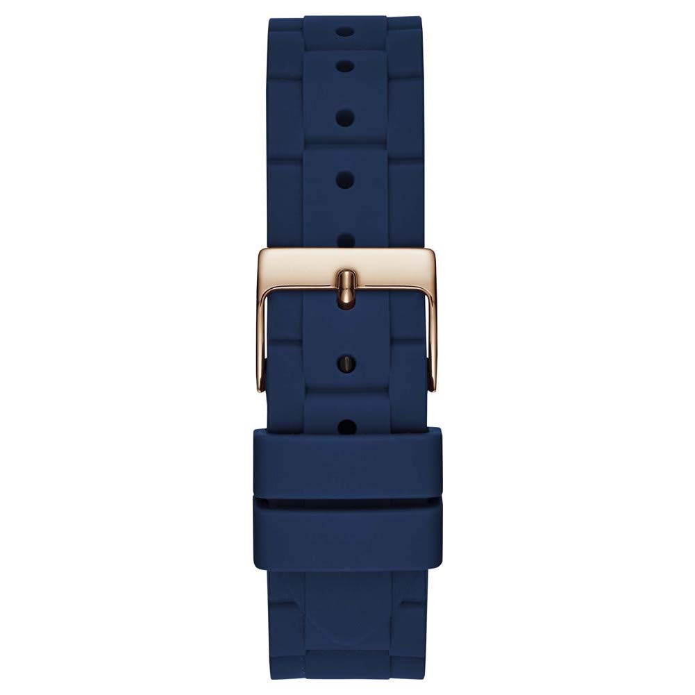 GUESS Rose Gold-Tone + Iconic Blue Stain Resistant Silicone Watch with Day, Date + 24 Hour Military/Int'l Time. Color: Blue (Model: U1157L3)
