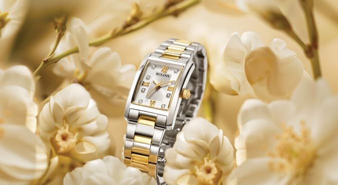 Bulova Ladies' Classic Diamond Two-Tone Stainless Steel 3-Hand Quartz Watch, Rectangle Silver Dial Style: 98P205
