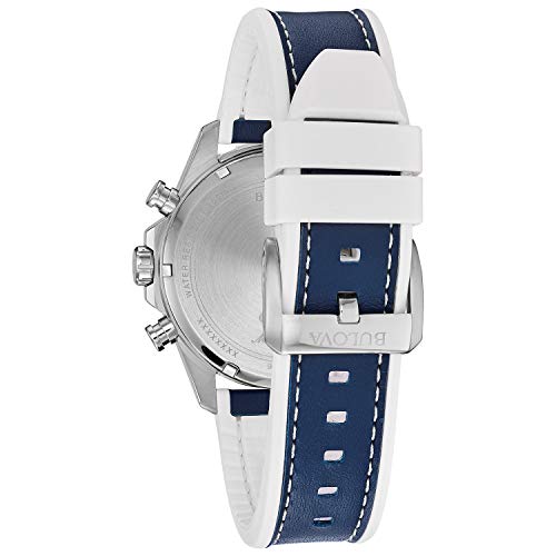 Bulova Men's Marine Star Series B Stainless Steel 6-Hand Chronograph Quartz Watch with Blue Leather and White Silicone Lining Strap, Blue Dial, 43mm Style: 96B287