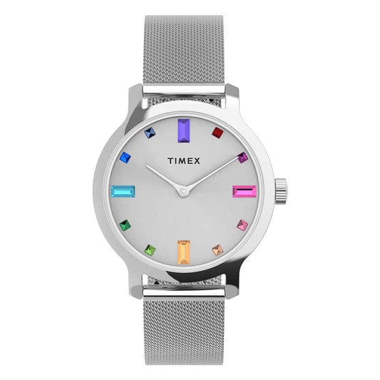 Timex Women's Transcend 31mm Watch – Silver-Tone Case Silver-Tone Dial with Multicolored Stones & Stainless Steel Mesh Bracelet