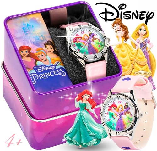 Disney Princess Time Teacher Kids Watch - Easy Read Analog Watch with Minute Track, Princess Characters on Silver Sunray Dial, Colorful Printed Strap, Perfect for Learning to Tell Time, Ages 3+