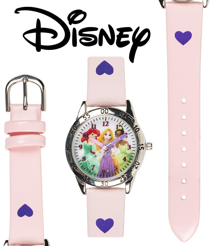 Disney Princess Time Teacher Kids Watch - Easy Read Analog Watch with Minute Track, Princess Characters on Silver Sunray Dial, Colorful Printed Strap, Perfect for Learning to Tell Time, Ages 3+