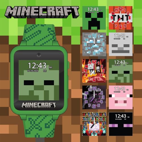 Minecraft Kids Smart Watch – Touchscreen Interactive Watch with 10 Customizable Clock Faces, Built-in Camera, Video Recorder, Alarm, Calculator, Games & Pedometer – Fits Wrists 5.5" to 8"